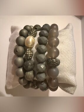 Gray Beaded Stretch Bracelet Set of 4